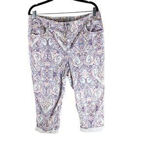 Chicos Girlfriend Slim Leg Crop Pants Paisley Cuffed White Purple Size 2 US 12R